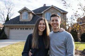 The image shows a cheerful couple standing in front of a two-story house with a garage and a well-kept lawn