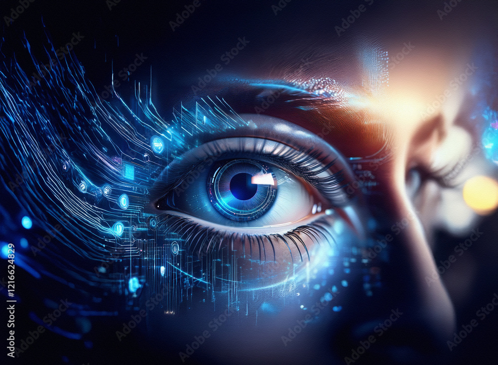 Aufkleber close-up of a stylized eye, glowing with blue circuitry. granular paper texture effect adds depth. d