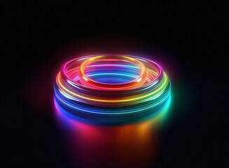 Vibrant rainbow neon rings glow on a grainy paper texture, creating a mesmerizing, layered effect against a black background.  The light reflects, adding depth.