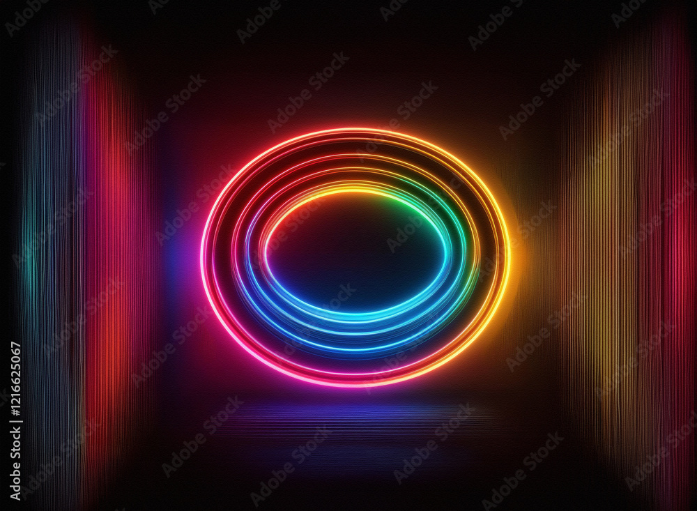Poster vibrant rainbow neon circles glow on a grainy paper texture backdrop, creating an electric, concentr
