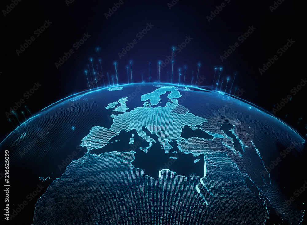Poster Glowing digital map of Europe on a grainy paper texture, illuminated from within, showcasing global connectivity.  Points of light extend outward.