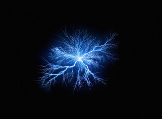 Fototapeta premium Glowing blue electrical discharge, reminiscent of a lightning strike, captured with a grainy paper texture. The image is dark, emphasizing the bright, branching energy.