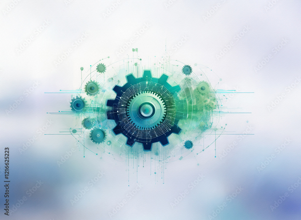 Aufkleber Abstract image of a gear mechanism, rendered with a grainy paper texture, depicting interconnectedness and technological processes.  The color scheme uses teal and green hues.