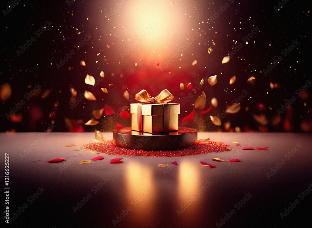 Poster a golden gift box with a ribbon sits on a dark, grainy paper textured surface, surrounded by floatin