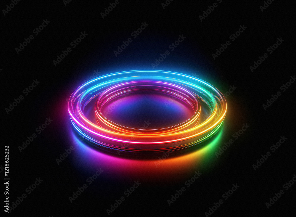 Aufkleber vibrant rainbow neon rings glow on a grainy paper texture, creating a mesmerizing, concentric light 