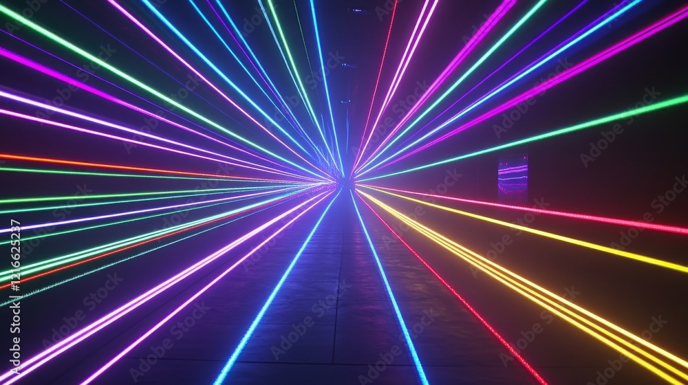Poster vibrant colorful laser lights in motion flowing in a dynamic pattern, abstract streaming light effec