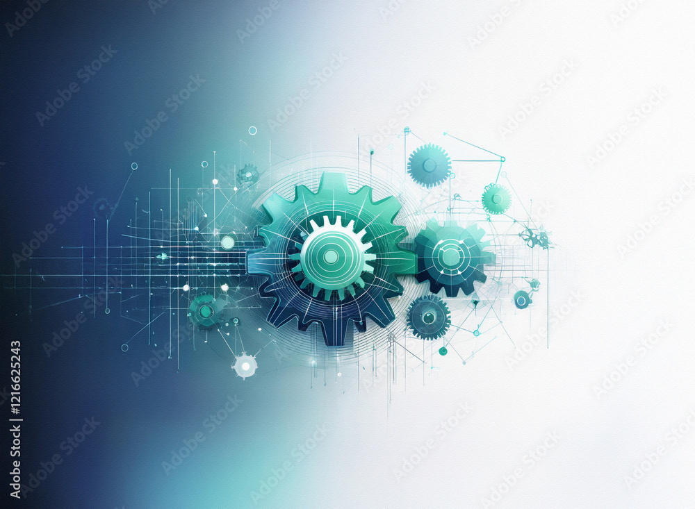 Aufkleber Abstract image of teal and blue gears interlocked, set against a grainy paper texture background.  The design suggests technological process and connectivity.