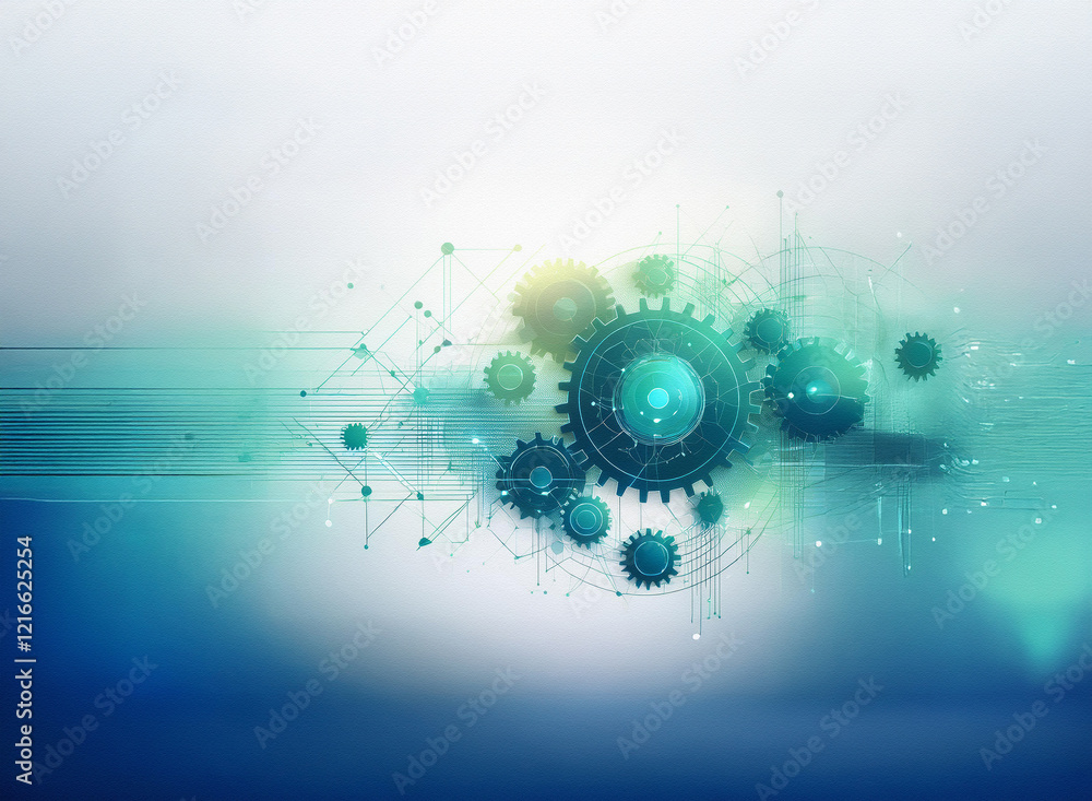 Aufkleber Abstract image of teal gears and circuitry on a grainy paper texture background.  Blurred motion lines suggest technological advancement and speed.