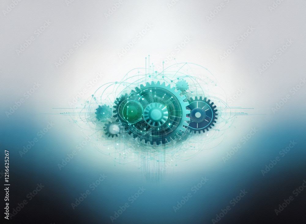 Aufkleber Abstract image of teal gears interlocked,  displayed on a grainy paper texture with a blurred blue background.  The design suggests complex mechanics and connectivity.