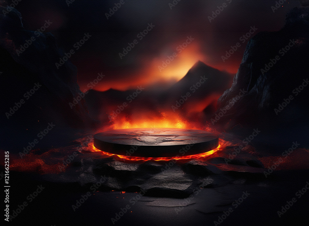 Poster a gritty, dark landscape with a circular stone platform glowing above a fiery, lava-like base. the g