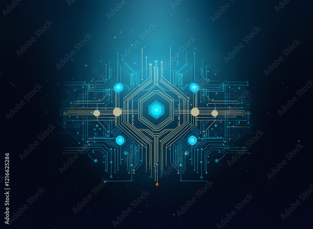 Aufkleber Abstract digital artwork featuring a glowing circuit board design on a grainy paper texture.  The central hexagon pulses with light, surrounded by intricate lines and nodes.  Cool blue and gold tones 