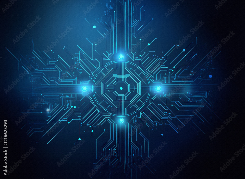 Poster abstract digital circuit board design. granular paper texture evokes a technological blueprint, glow