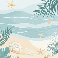 Relaxing coastal scene with waves, sandy beach, and seashells under clear skies