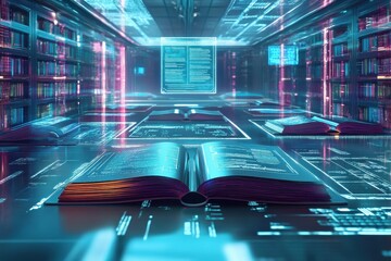 Futuristic Library Digital Bookshelves Knowledge Information