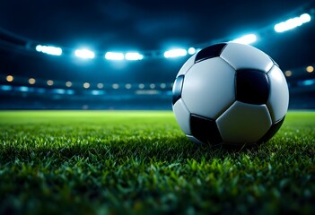 Fototapeta premium Soccer Ball on Lush Green Field: Night Stadium Lights