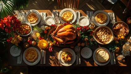 A Beautifully Arranged Thanksgiving Feast with a Roasted Turkey Surrounded by Seasonal Dishes and Festive Decorations on a Rustic Wooden Table