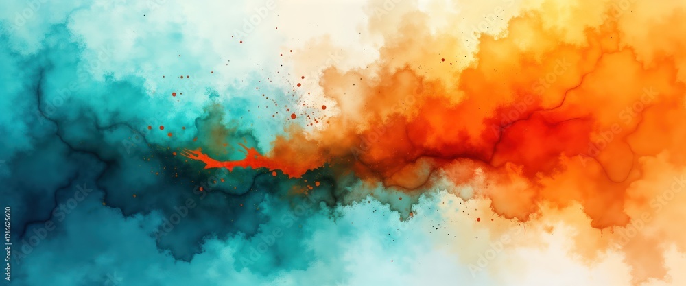 Poster abstract watercolor art design with vibrant orange, turquoise colors. liquid paint splashes, brush s