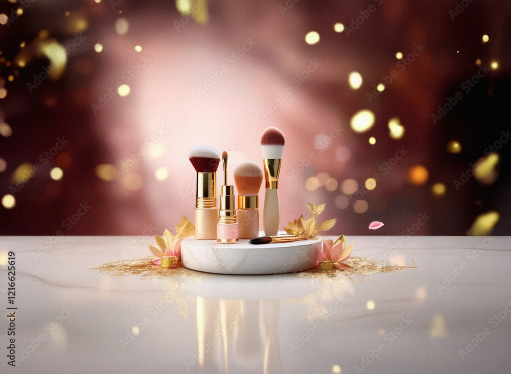 Poster Makeup brushes and foundation displayed on a marble surface against a bokeh background.  The grainy paper texture is subtly present.