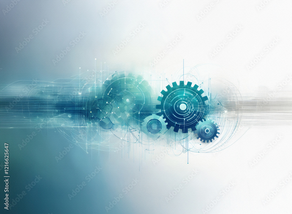 Aufkleber Abstract digital artwork.  Grainy paper texture with overlapping gears, suggesting technological process or intricate mechanism.  Cool blue hues dominate the image.