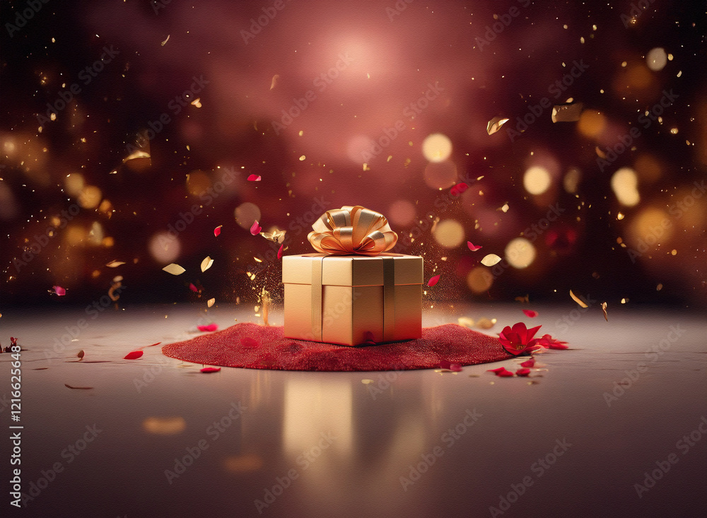 Poster a golden gift box with a bow sits on a grainy, red paper texture, surrounded by falling confetti and
