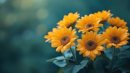Garden sunflowers bouquet, summer, bokeh background, greeting card
