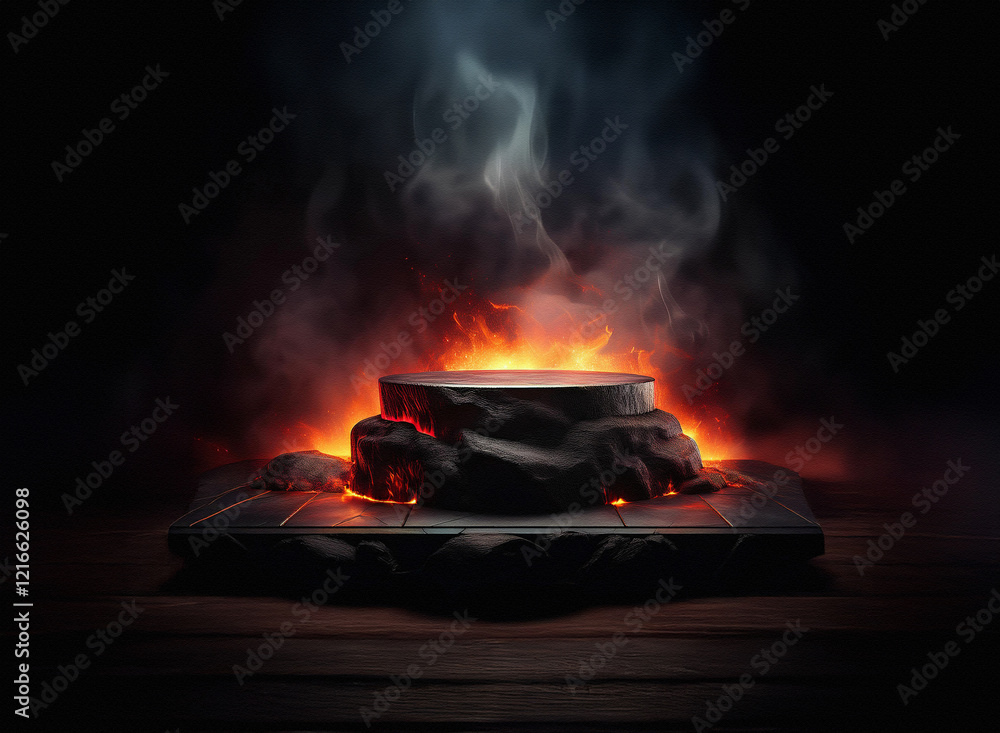 Poster a fiery, smoky scene featuring a stone platform. the grainy paper texture is subtly present. lava-li
