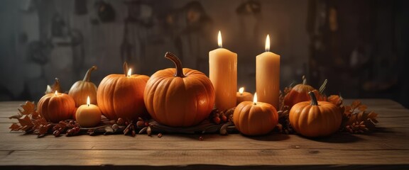 Autumnal still life of pumpkins and lit candles on a wooden table, earthy tones, natural ambiance