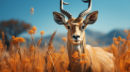 An Antelope Standing In A Field At On Blurry Background