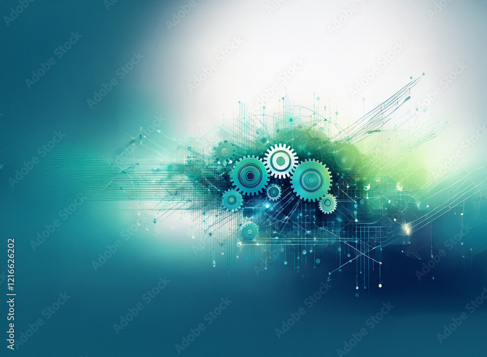 Aufkleber abstract digital art featuring interconnecting gears, a grainy paper texture, and a vibrant teal and