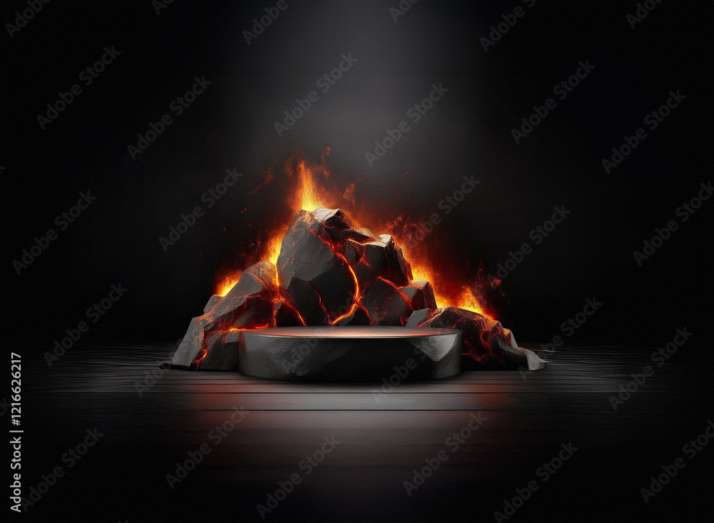 Aufkleber glowing embers and rough, dark rocks form a dramatic, fiery display around a granite-like, circular 