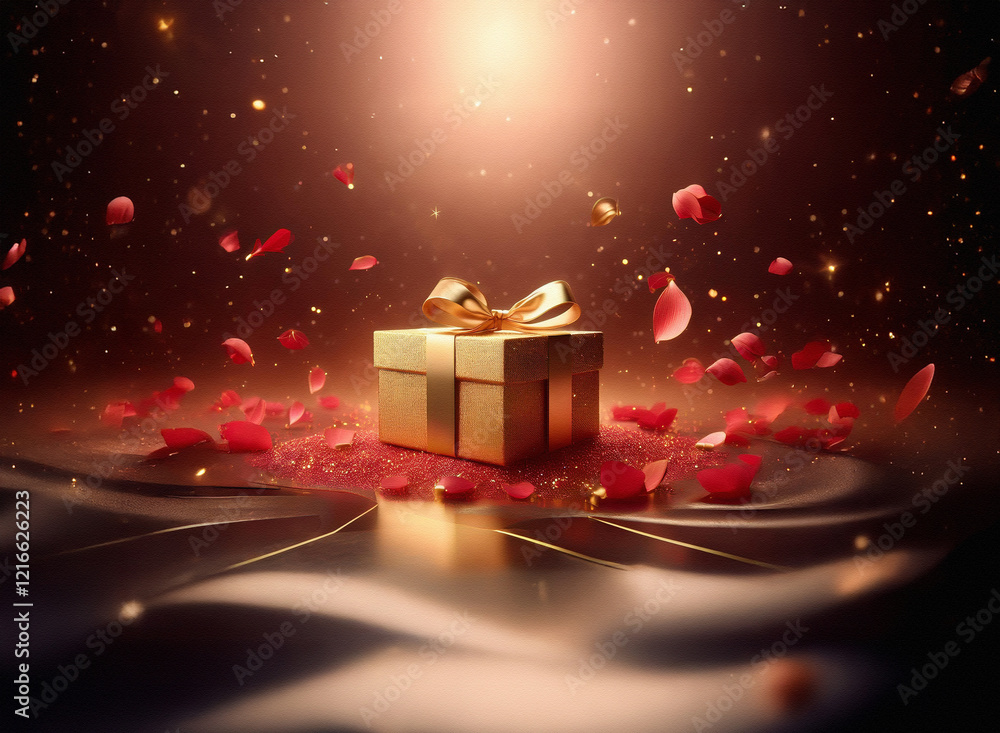 Poster a golden gift box with a ribbon sits on a dark, grainy paper-textured surface, surrounded by falling