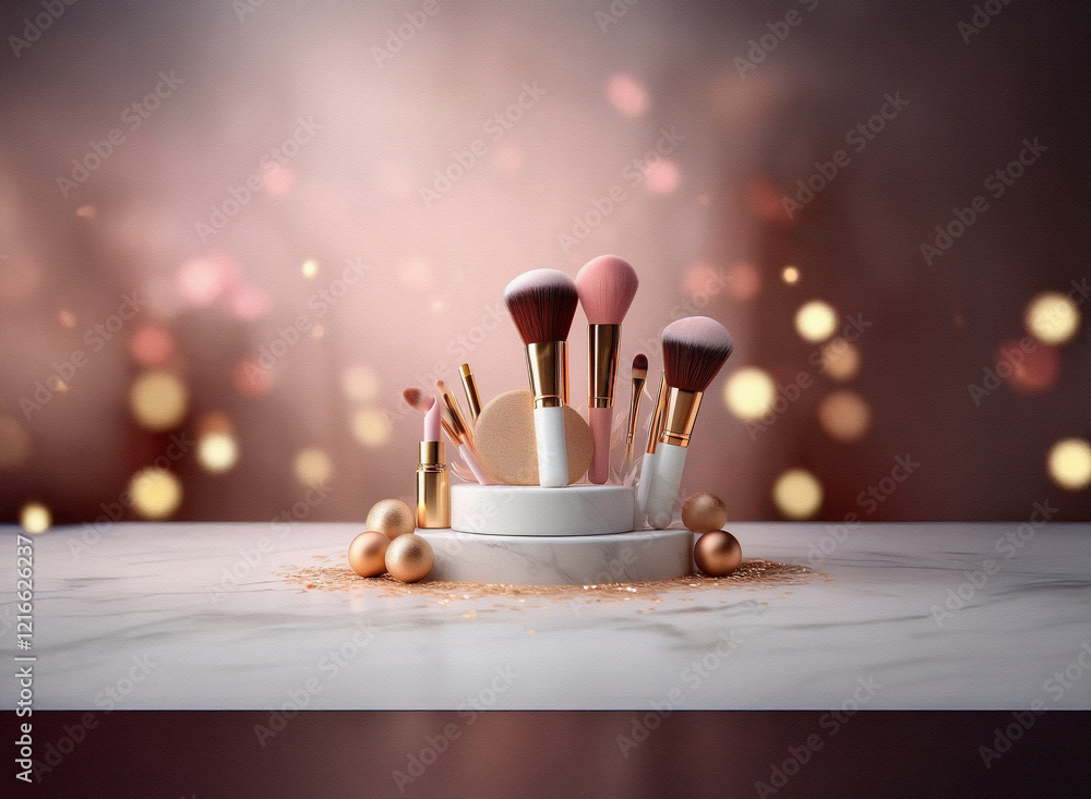 Poster A set of makeup brushes and cosmetics arranged on a marble surface with a grainy paper texture backdrop, illuminated by soft bokeh lights.  Gold accents add a touch of elegance.