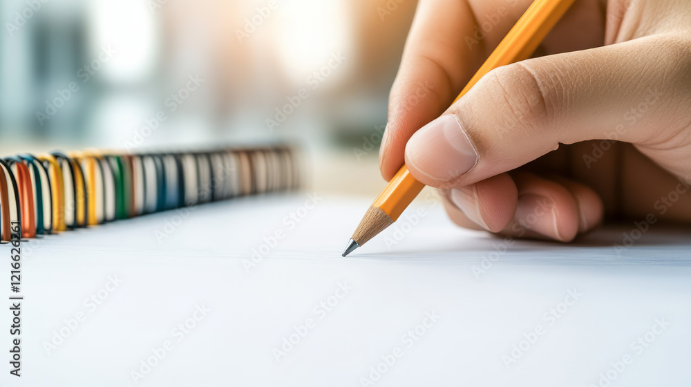 Poster a detailed close-up of a hand sketching thoughtfully in a notebook, with soft focus on the backgroun