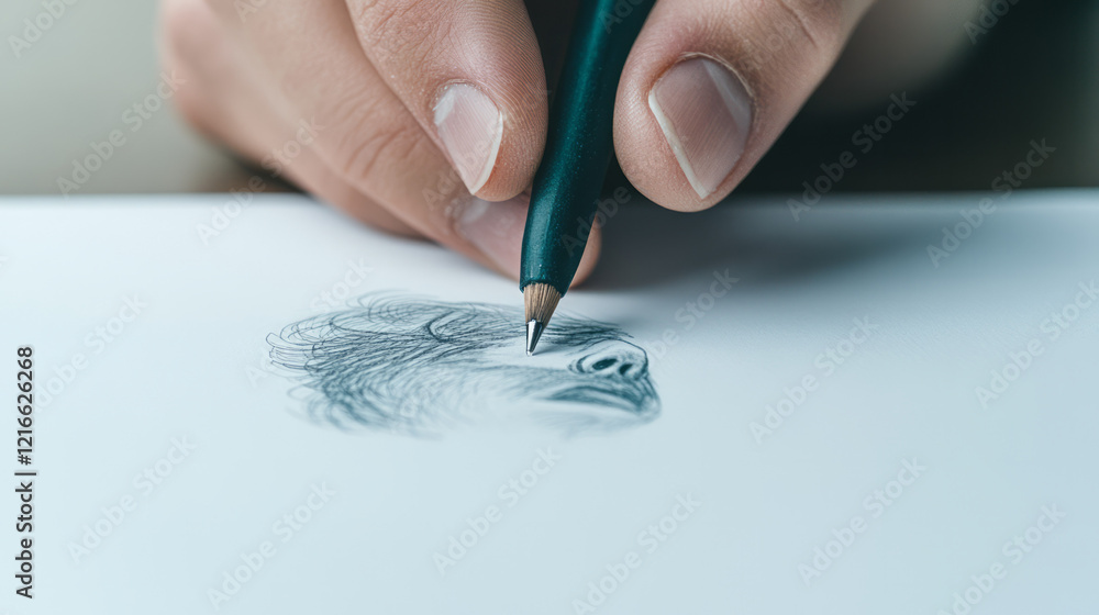 Poster a detailed close-up of a hand sketching thoughtfully in a notebook, with soft focus on the backgroun