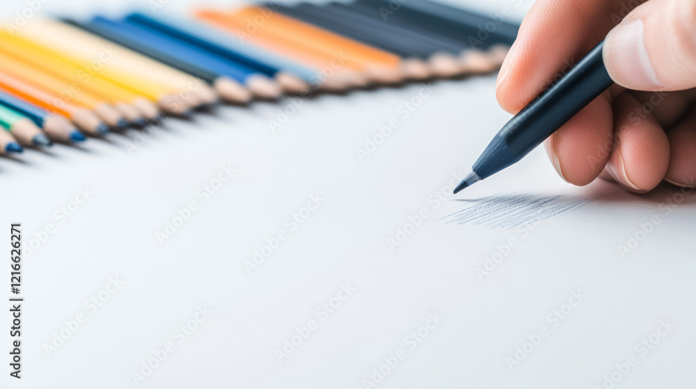 Aufkleber a detailed close-up of a hand sketching thoughtfully in a notebook, with soft focus on the backgroun