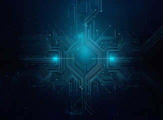Fototapeta premium Abstract digital circuit board design. Glowing cyan lines on a dark, grainy paper texture background. The central element is a bright, hexagonal shape.