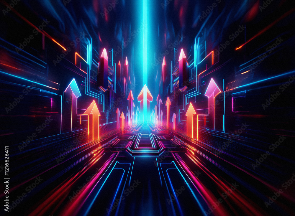 Poster a vibrant, griany digital art depicting a futuristic tunnel lined with glowing arrows. the paper-lik