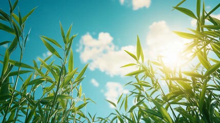 Fototapeta premium Sunny day, green plants, blue sky, clouds, nature background, website banner