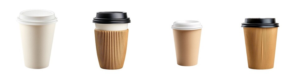 Reusable Items isolated collection. Four stylish coffee cups in various designs, showcasing different materials and colors, perfect for coffee-related themes.