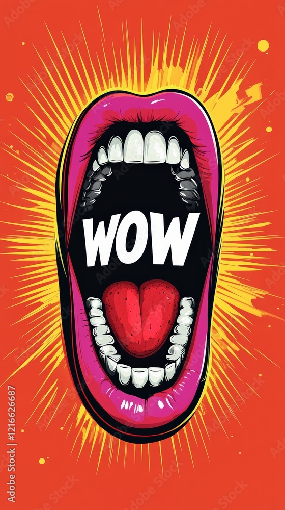 Aufkleber pop art style illustration featuring an open mouth with the word wow inside, expressing surprise and