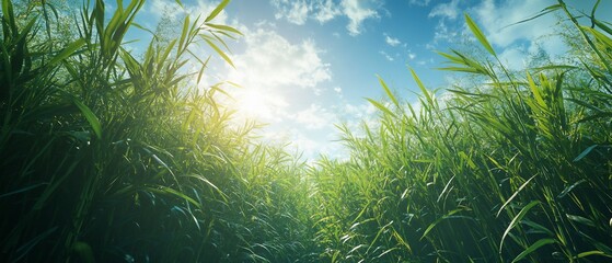 Obraz premium Sunny day, tall grass field, blue sky, nature background, website banner