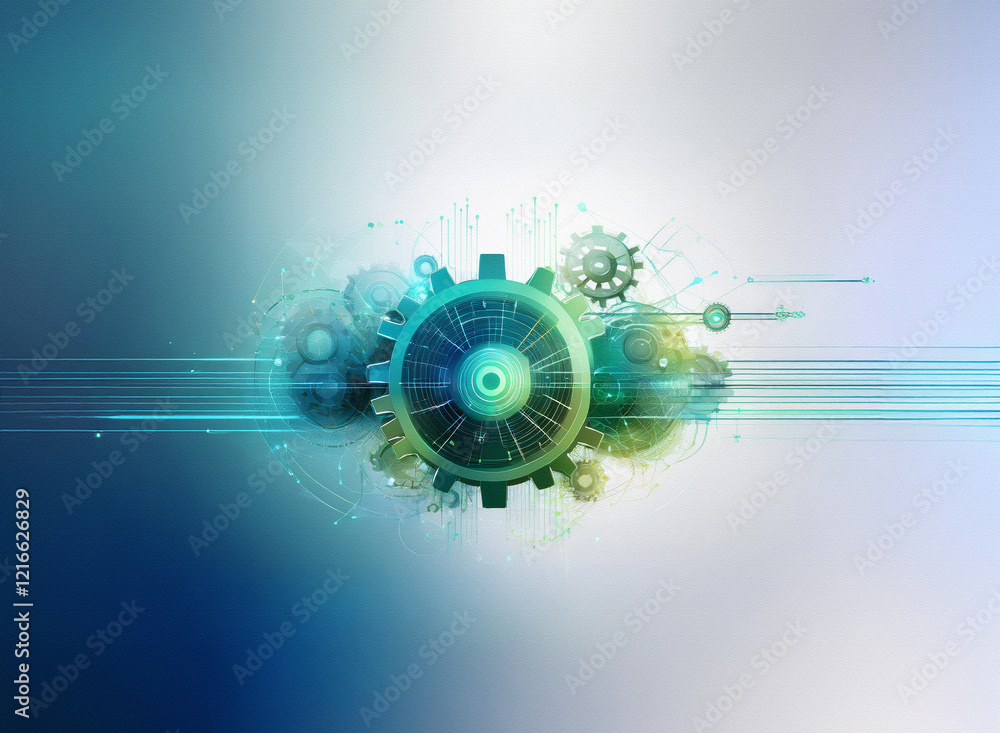 Aufkleber abstract digital art depicting interconnected gears on a grainy paper texture background. cool blue 