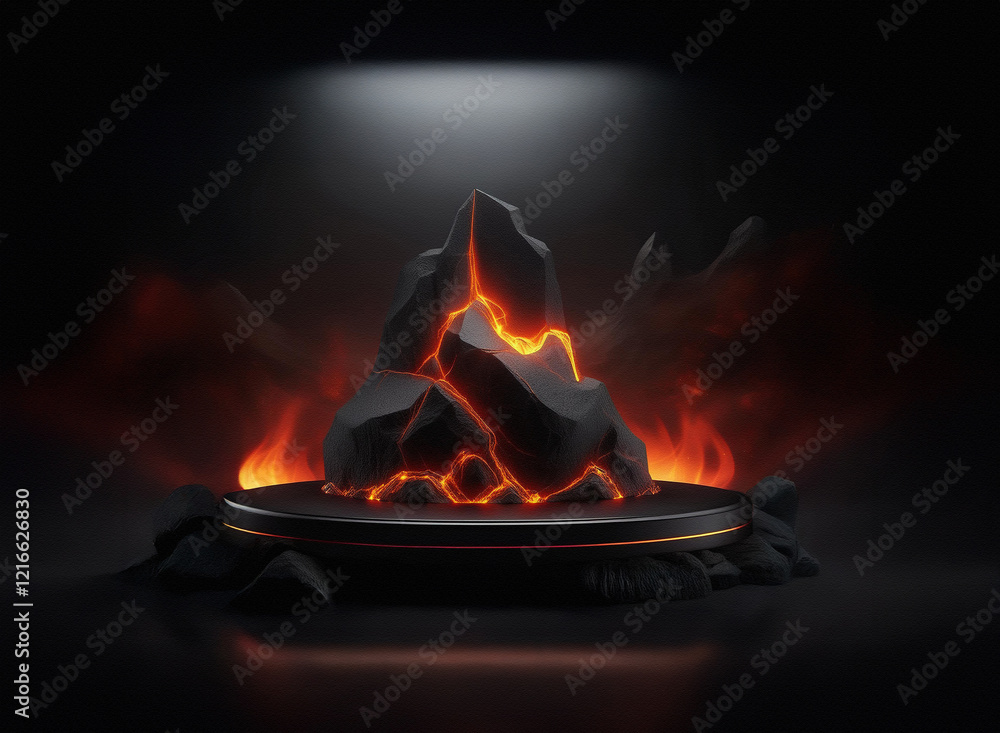 Poster glowing, fiery rocks on a dark, circular platform. grainy paper texture effect. surrounded by smoke 