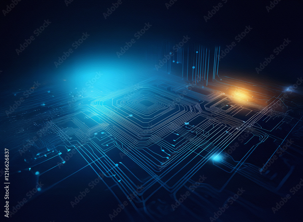 Aufkleber abstract digital circuit board design. glowing blue and orange hues on a grainy paper texture. compl