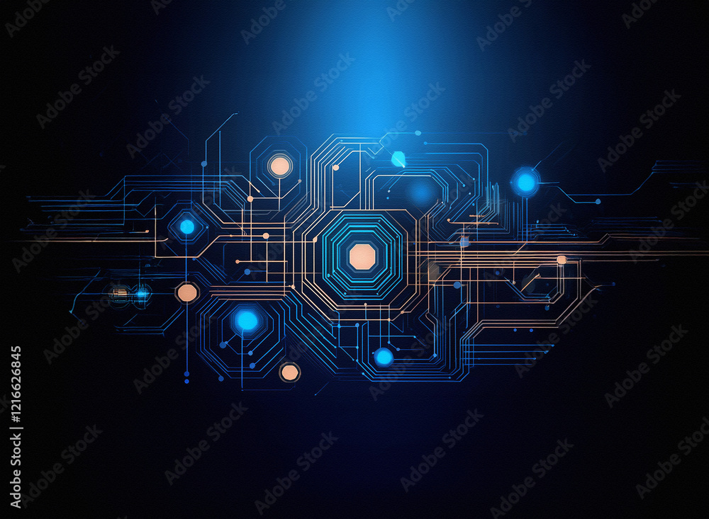 Leinwandbilder abstract digital circuitry design on a grainy paper texture background. blue and orange hues illumin