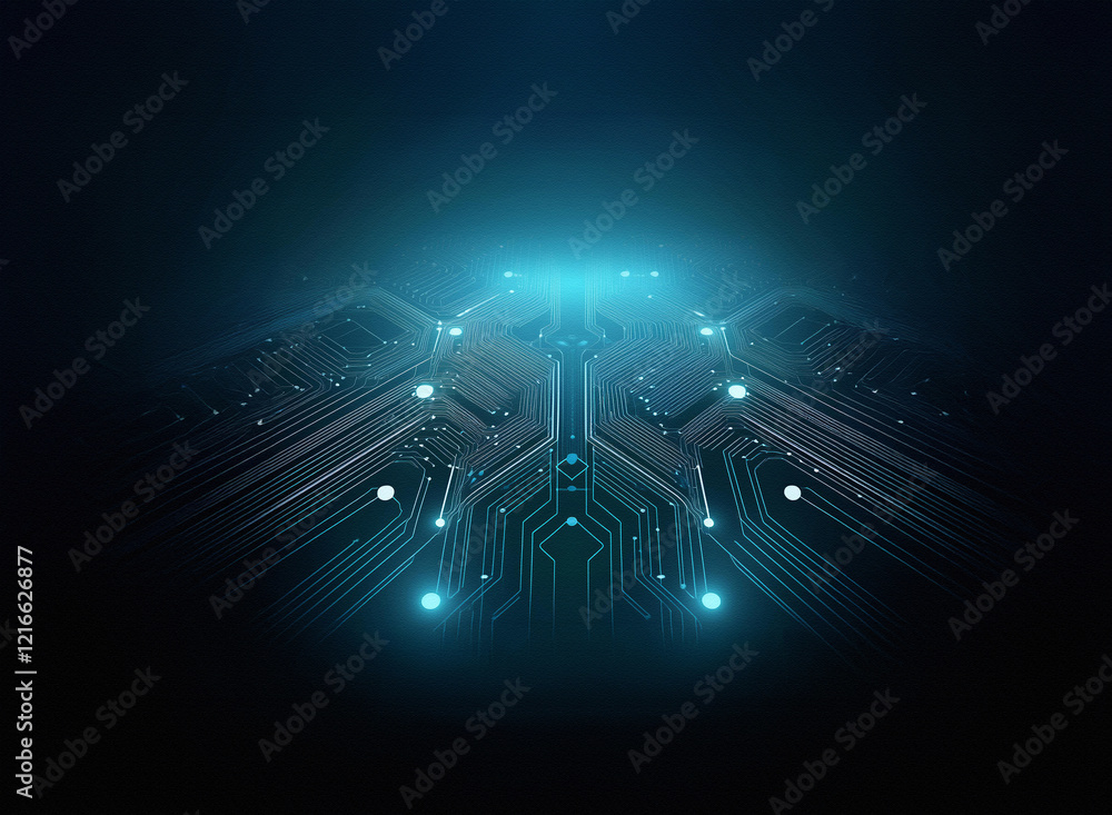 Aufkleber abstract digital artwork. glowing cyan circuit board design on a grainy paper texture background. da