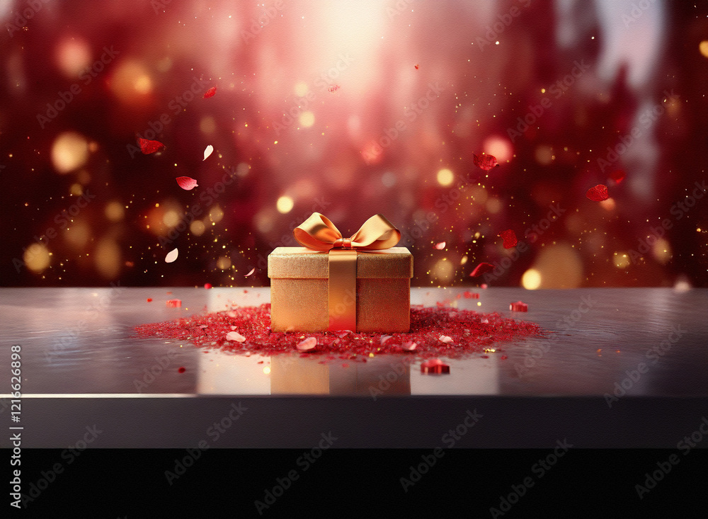 Poster A golden gift box with a satin ribbon sits on a table amidst red confetti. The grainy paper texture of the box adds a touch of elegance to the romantic scene.  Surrounding bokeh lights create a festiv