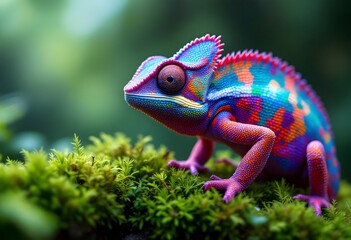 Vibrant Chameleon on Moss: A Surreal, Colorful Portrait