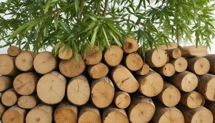 Bamboo culms and leaves on a natural wooden beam on a white background , detail, culm
