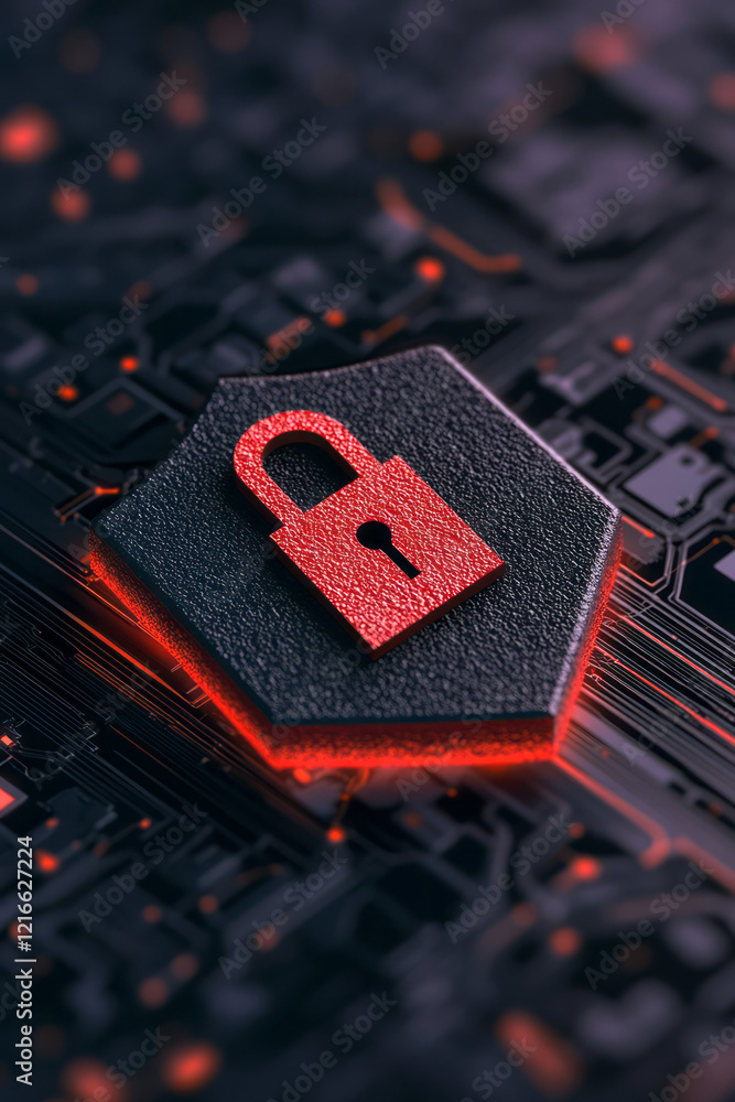 Poster An elegant illustration of a lock and shield symbolizing data security and fraud protection in digital preservation, set against a modern tech background,